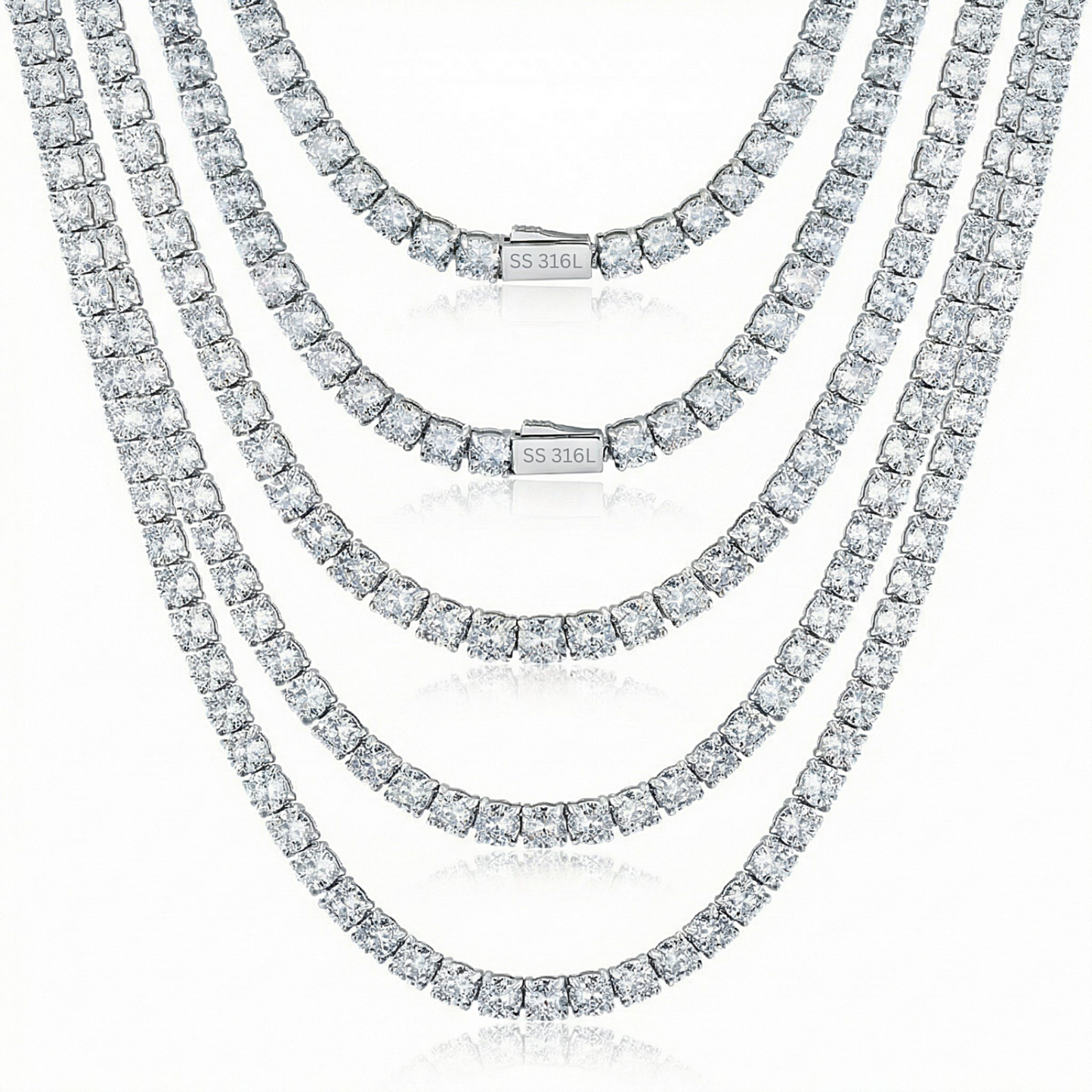 Set of four diamond necklaces on a white background