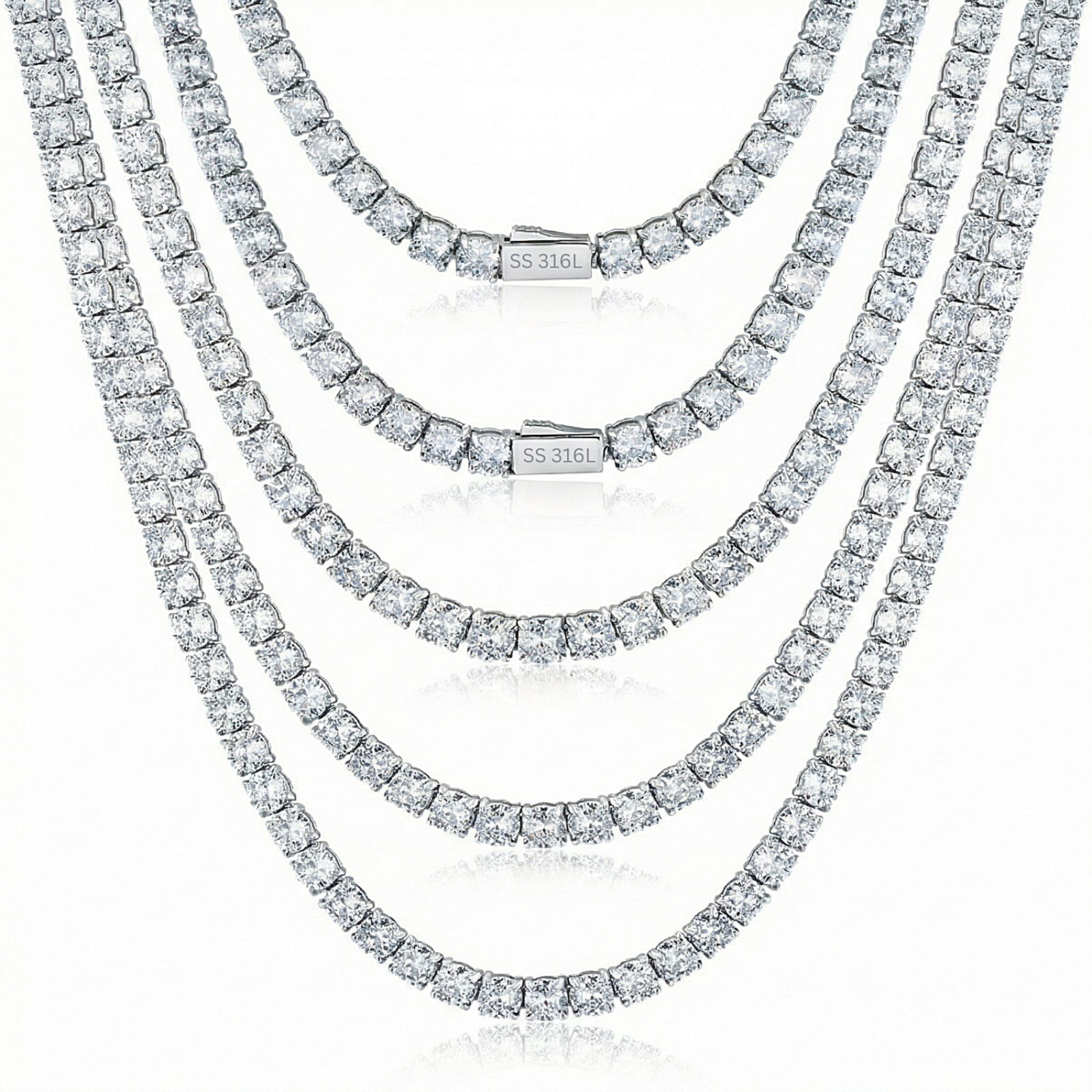 Set of four diamond necklaces on a white background