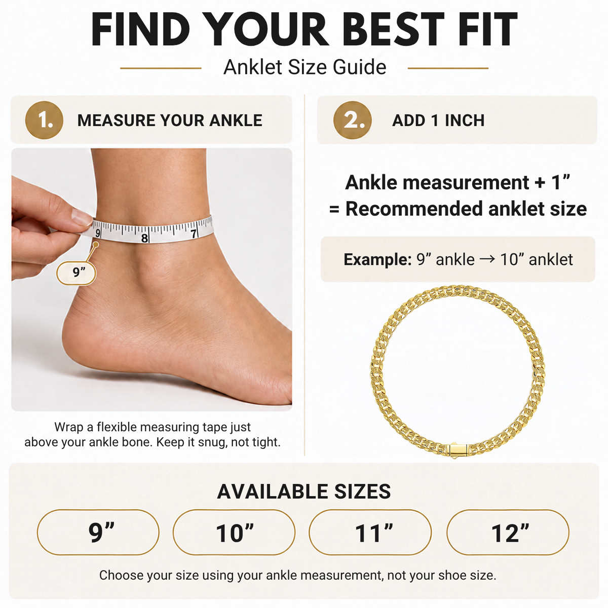 Showing Measuring ankle size and instructing anklet length to best fit 