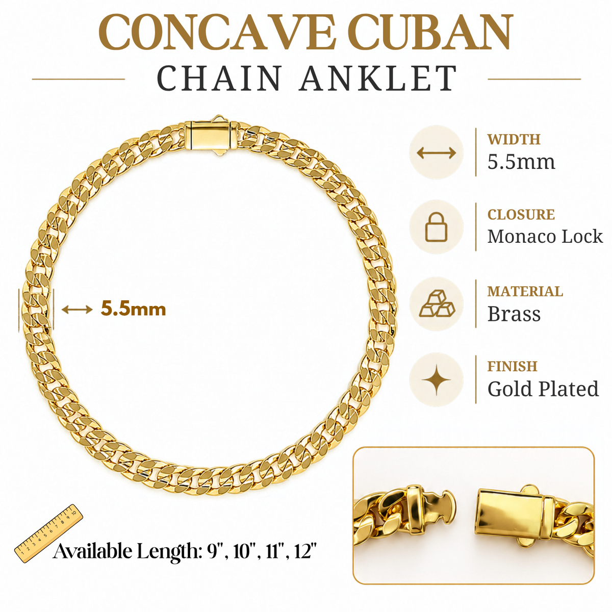 Brass Concave Cuban Chain Anklet Infographic
