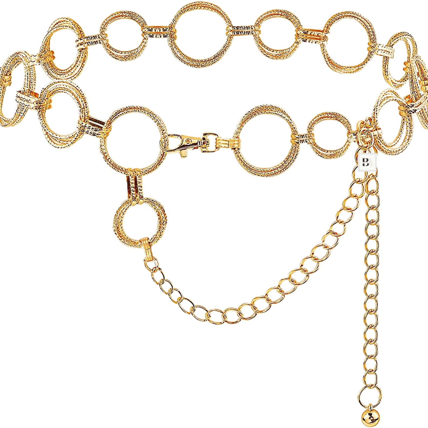 Gold chain belt with circular links on a white background