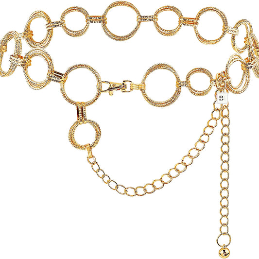 Gold chain belt with circular links on a white background