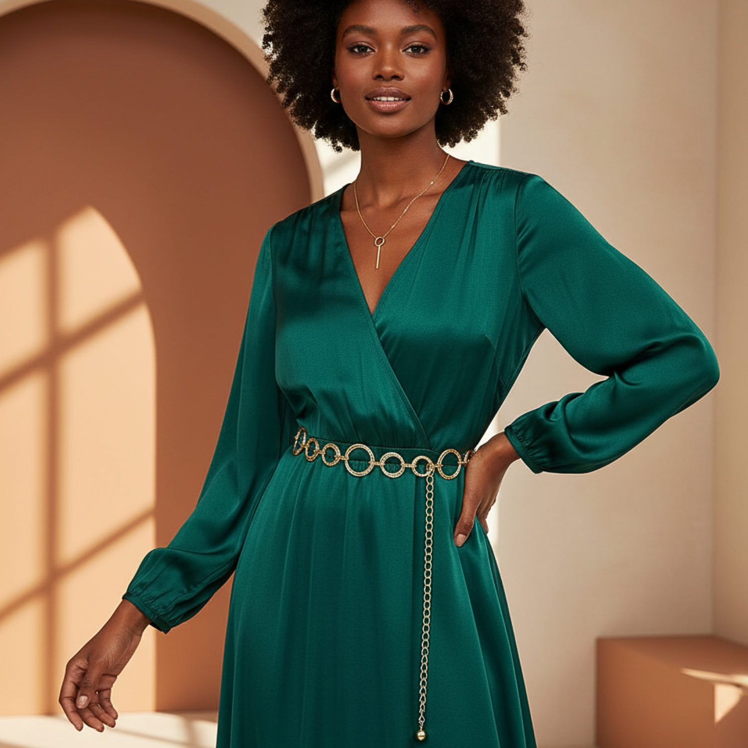 Woman wearing a green dress with a gold belt in a warm-toned room.