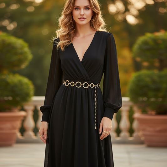 Woman wearing a black dress with a gold belt in an outdoor setting