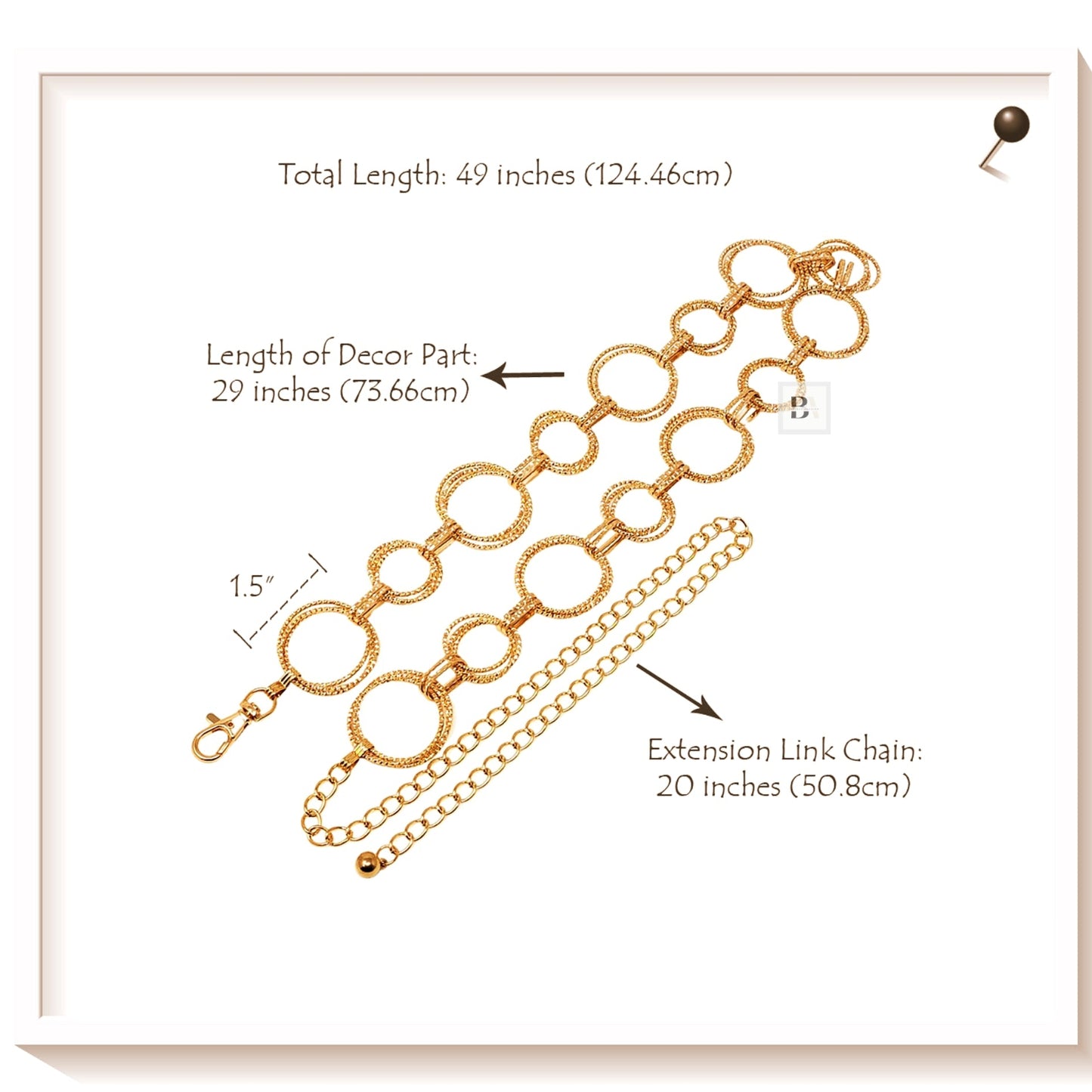 Gold bracelet with measurements on a white background
