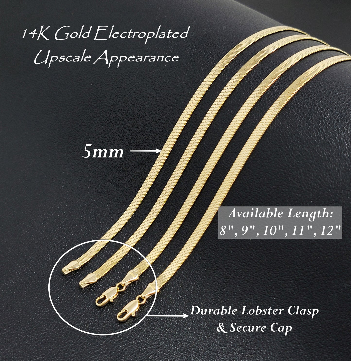 Gold herringbone anklet with lobster clasp on a black background
