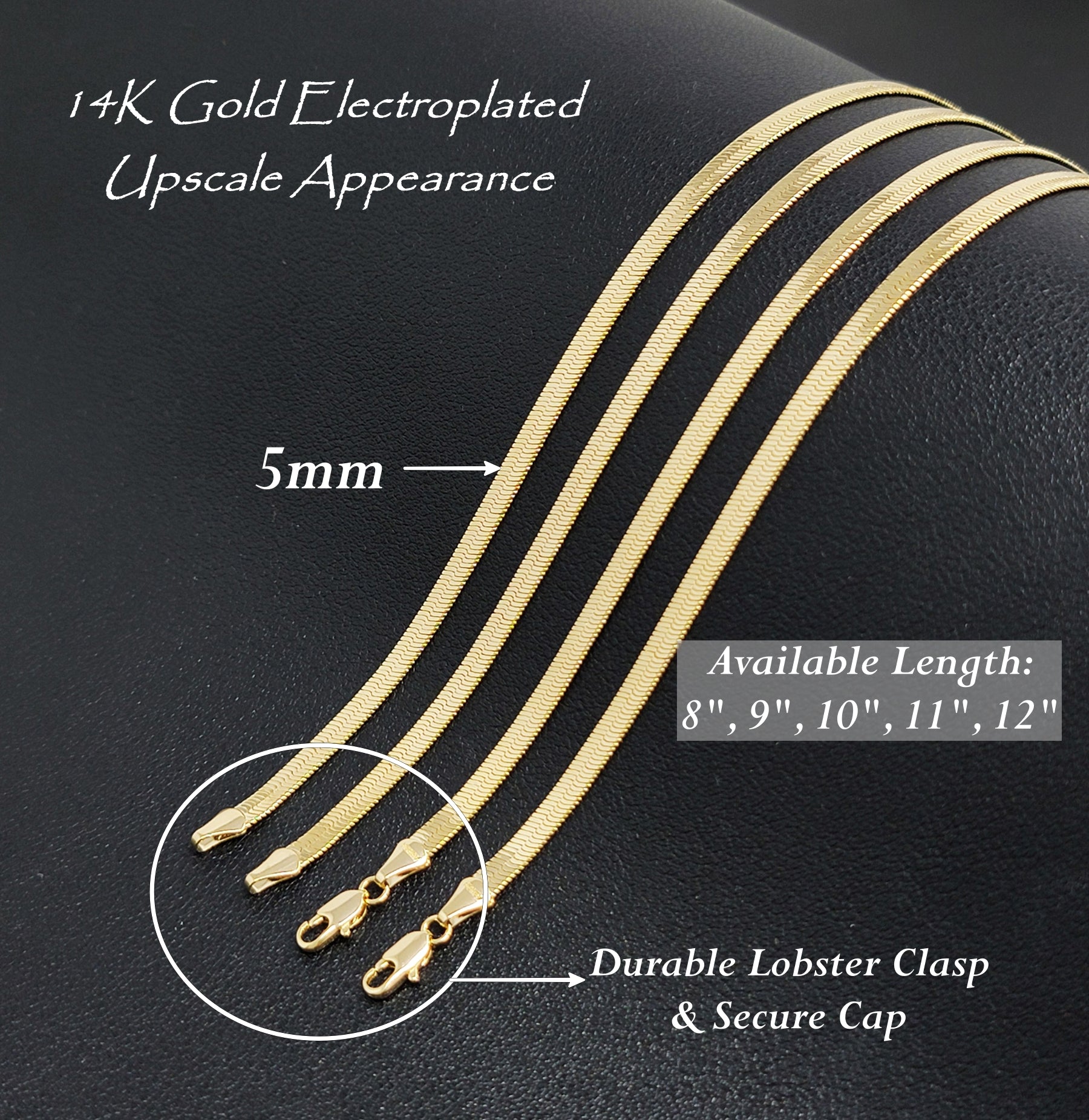 Gold herringbone anklet with lobster clasp on a black background