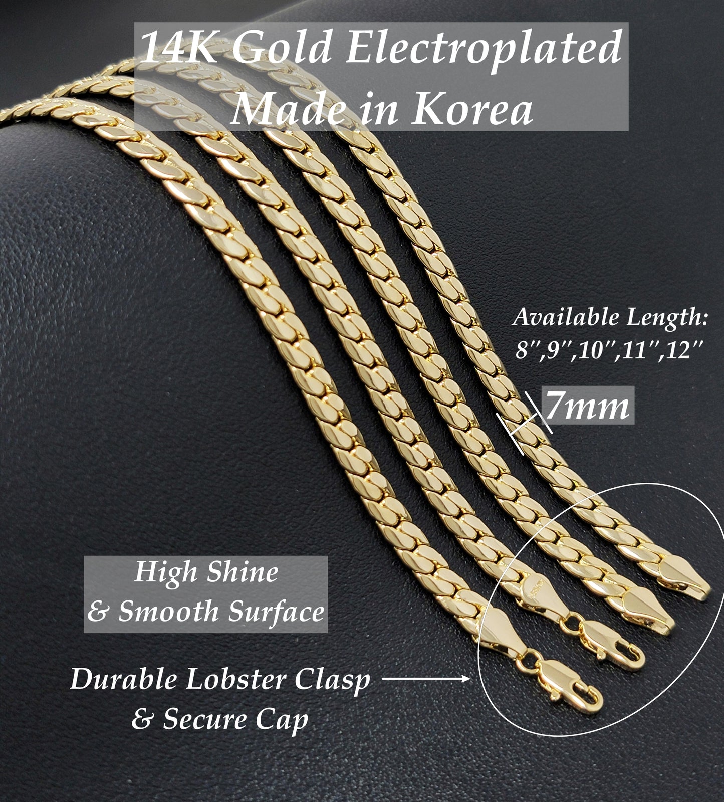 Gold electroplated chain anklet with text on a black background