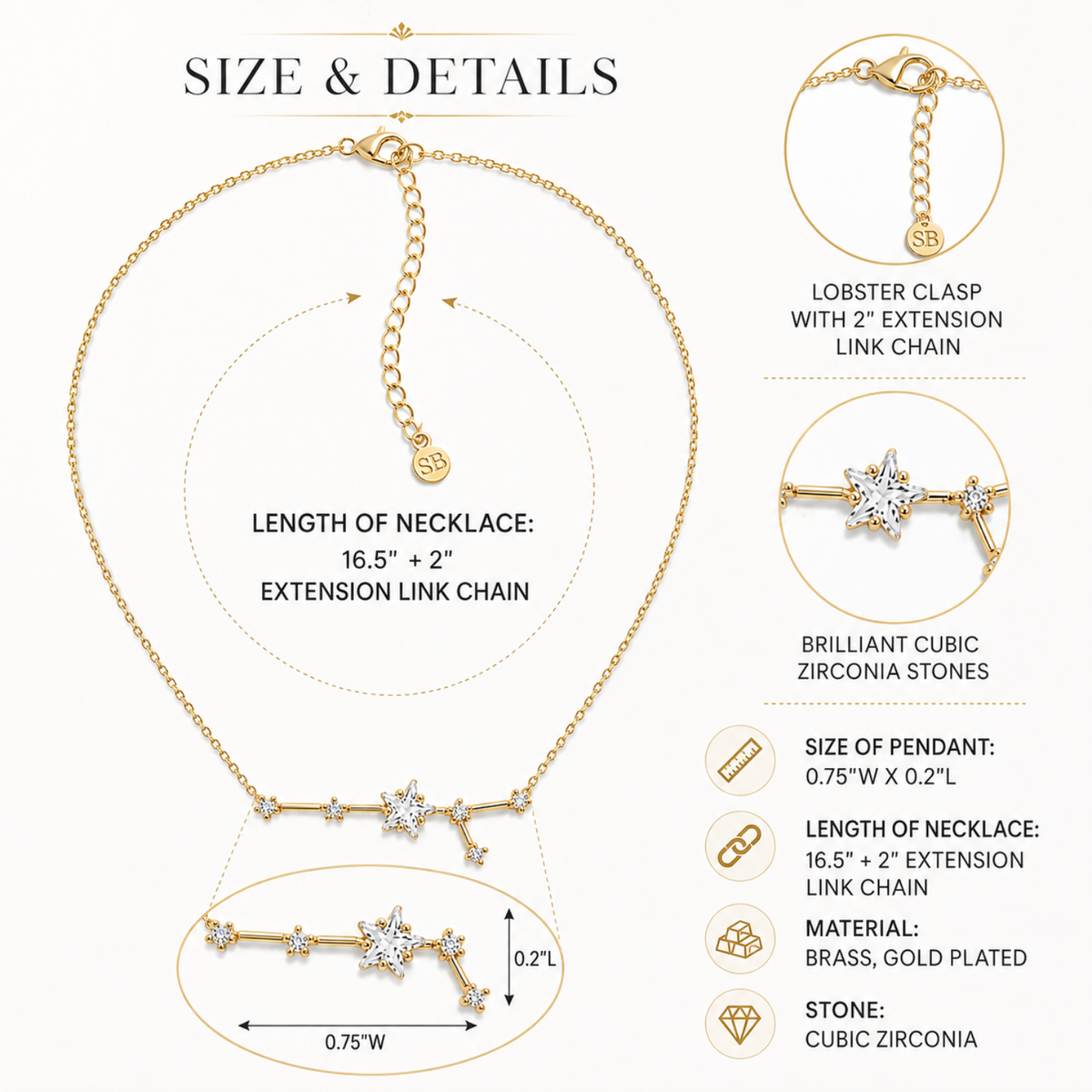 A product information graphic for a zirconia necklace, showing the necklace with measurement callouts, clasp detail, pendant dimensions, and material details on a light beige background.