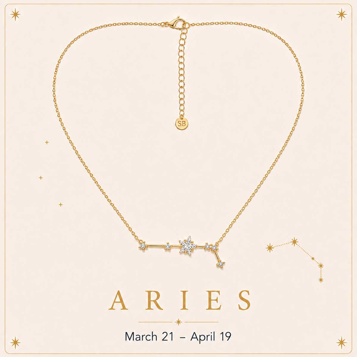A gold Aries astrology necklace with a constellation pendant, displayed on a light beige background with decorative stars and the text 'ARIES March 21 - April 19'.