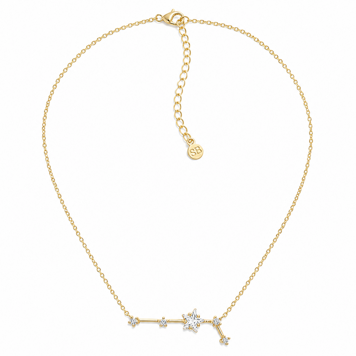 A delicate gold chain necklace featuring a horizontal star constellation pendant with clear rhinestones, displayed on a clean white background.