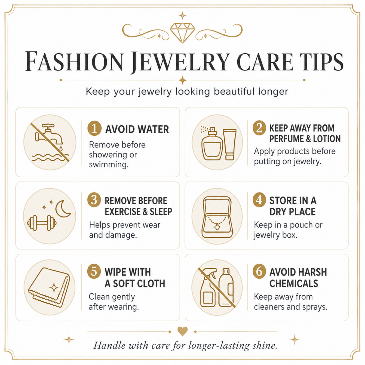 An infographic titled 'FASHION JEWELRY CARE TIPS' with six numbered care instructions in a clean, square layout on a white background with gold decorative borders and text.