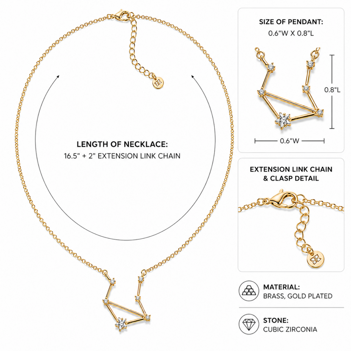 Gold-plated brass necklace with a geometric star pendant and cubic zirconia stones, shown with detailed dimension and material information on a white background.