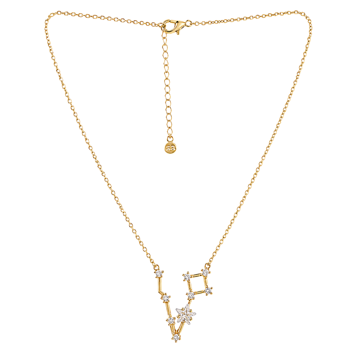 A gold chain necklace featuring a pendant composed of geometric gold frames and star-like clusters set with clear stones, displayed on a solid white background.