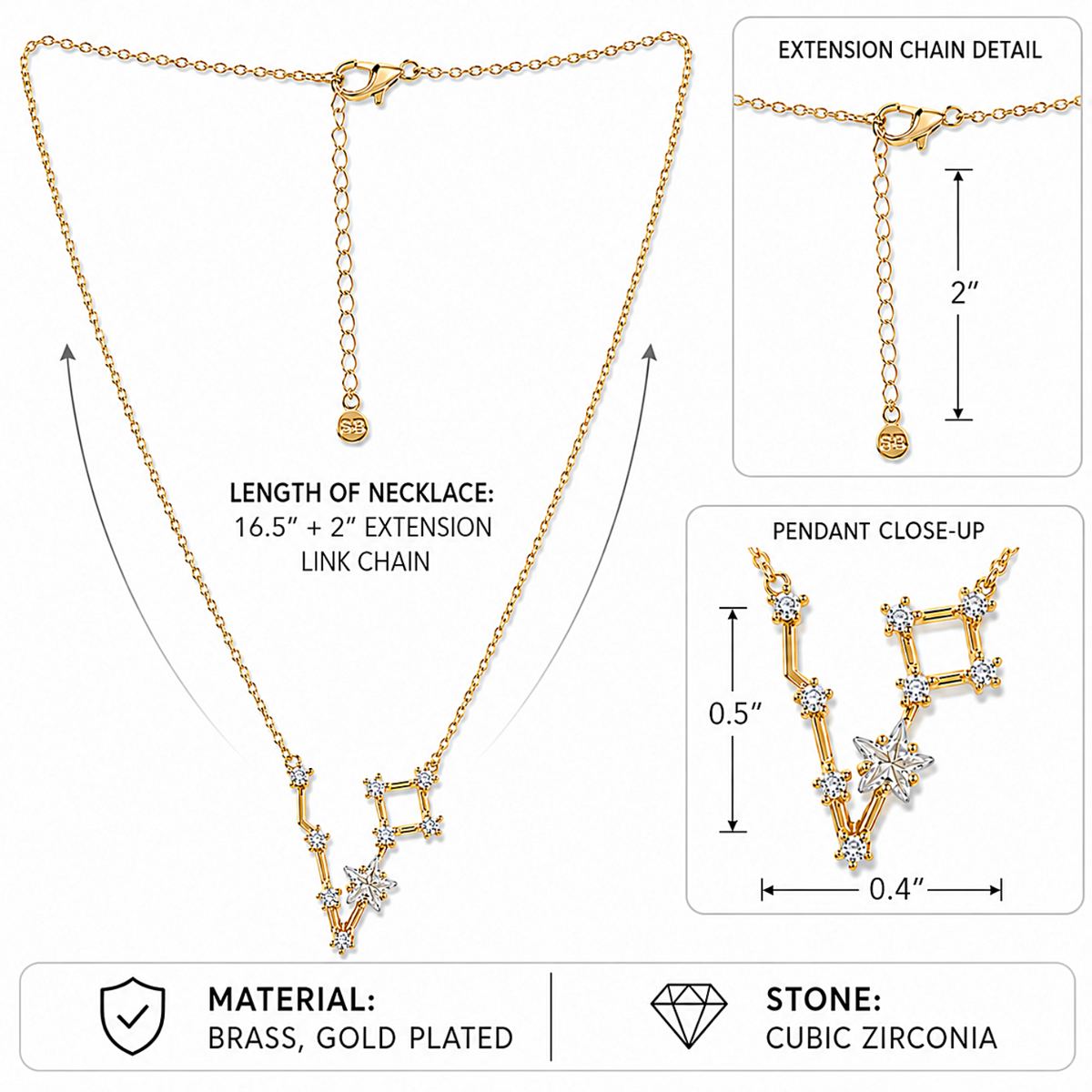 Gold-plated brass necklace with a Gemini constellation pendant made of cubic zirconia stones, shown with three detail callouts: full necklace length (16.5 inches with 2-inch extension chain), extension chain detail, and pendant close-up.