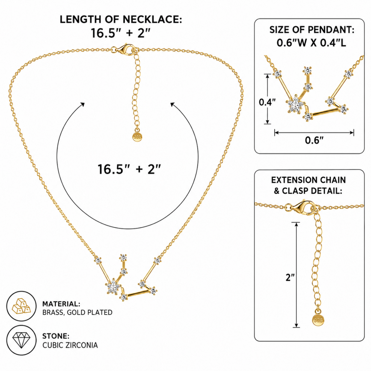Gold-plated brass necklace with cubic zirconia stones, showing a measurement diagram with length of 16.5 inches plus 2 inch extender chain, pendant size 0.
