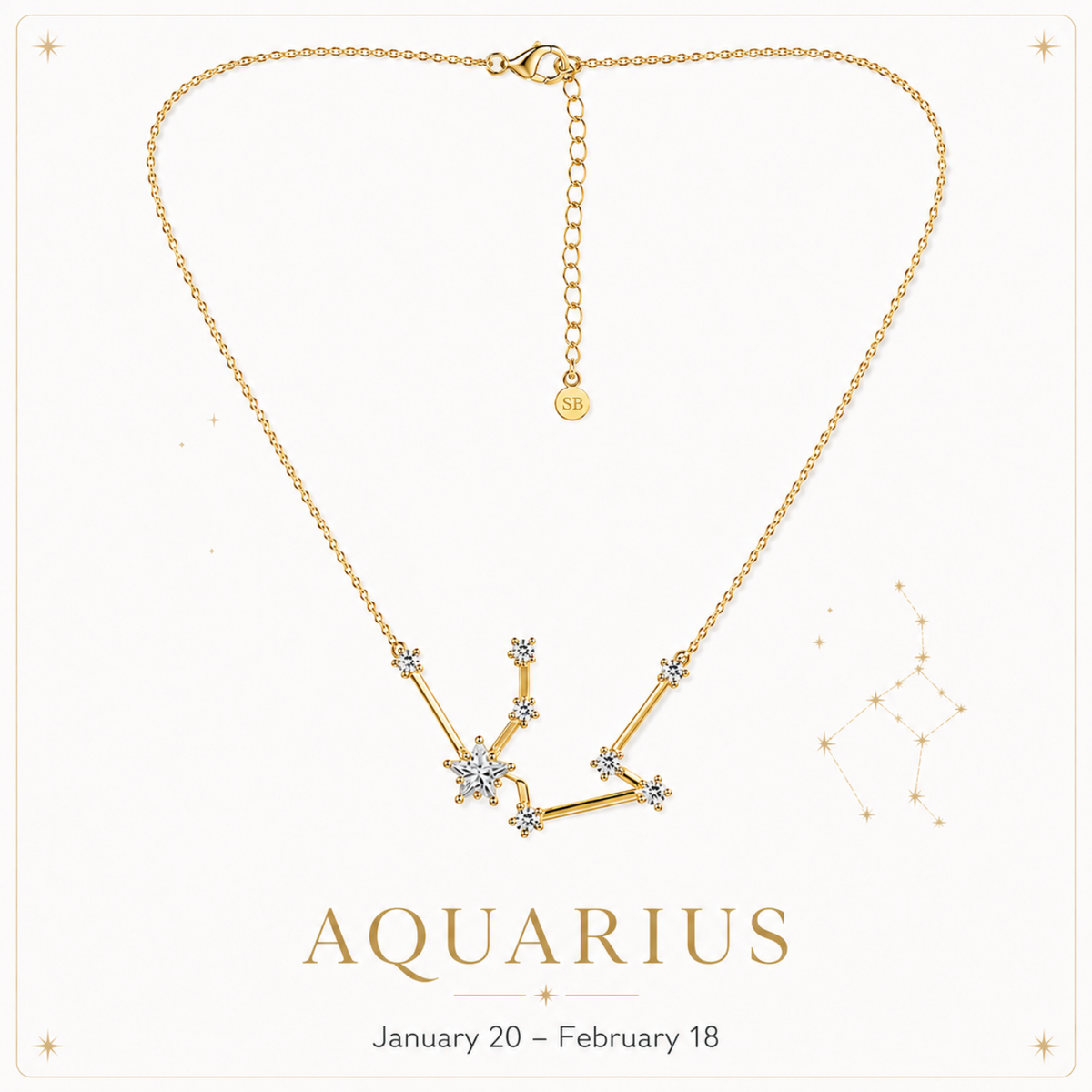 Gold Aquarius zodiac necklace with a constellation pendant, displayed on a cream background with decorative stars and the text 'AQUARIUS' and 'January 20 - February 18'.