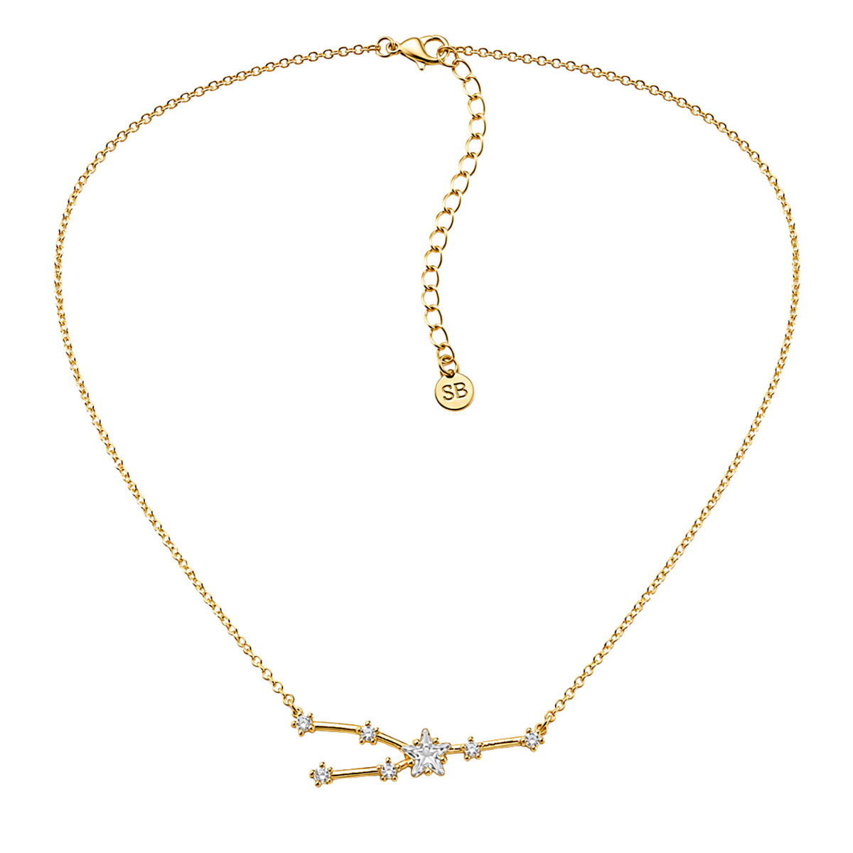A gold chain necklace with a delicate central pendant featuring small clear gemstones, displayed on a clean white background. The necklace includes an adjustable lobster clasp, an extender chain, and a round tag engraved with 'SS'.