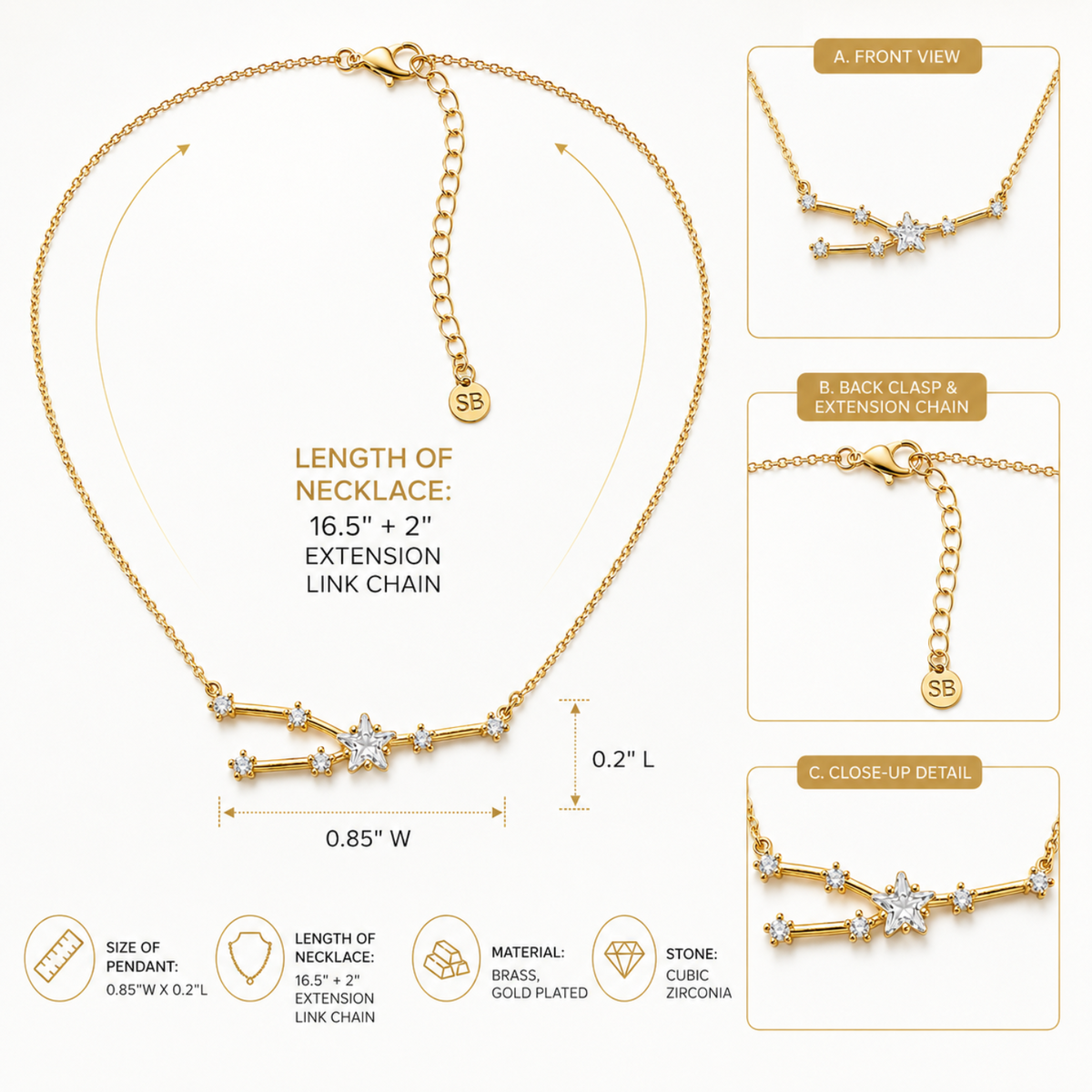 Gold-plated brass necklace with cubic zirconia stones, shown with labeled dimensions and close-up detail views on a light beige background. The image includes front view, back clasp view, close-up detail, and material/size information.