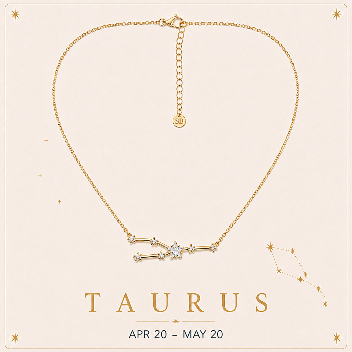 A gold necklace with a Taurus constellation pendant, displayed on a light beige background with decorative stars and the text 'TAURUS APR 20 - MAY 20'.