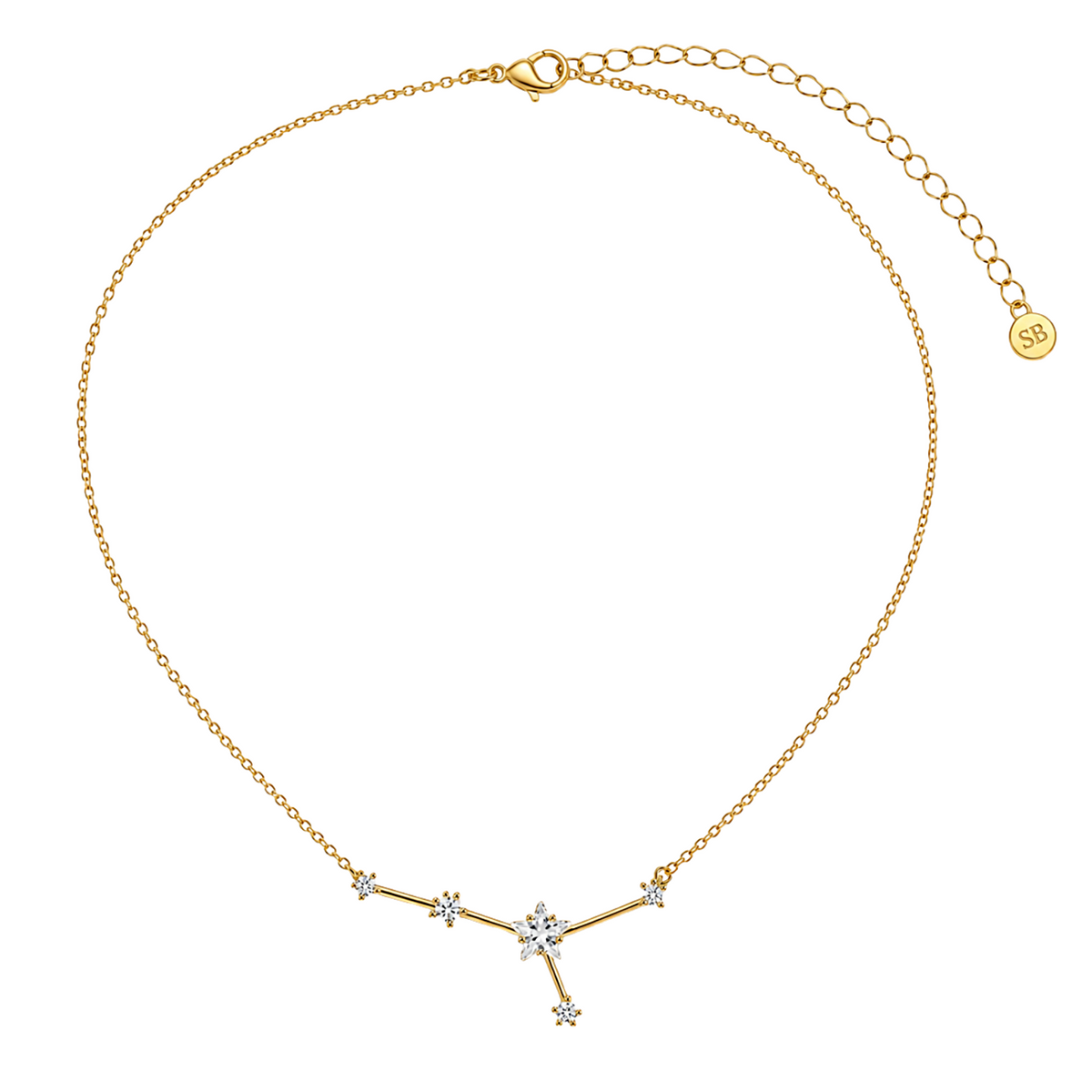 A gold chain necklace featuring a constellation pendant with clear gemstones, displayed on a clean white background.