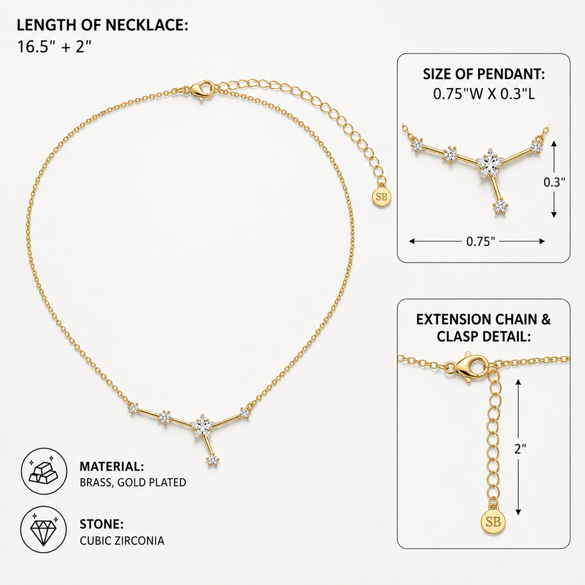 Gold-plated brass necklace with a Y-shaped star design set with cubic zirconia stones, shown with detailed measurement callouts for length, pendant size, and extension chain on a light gray background.