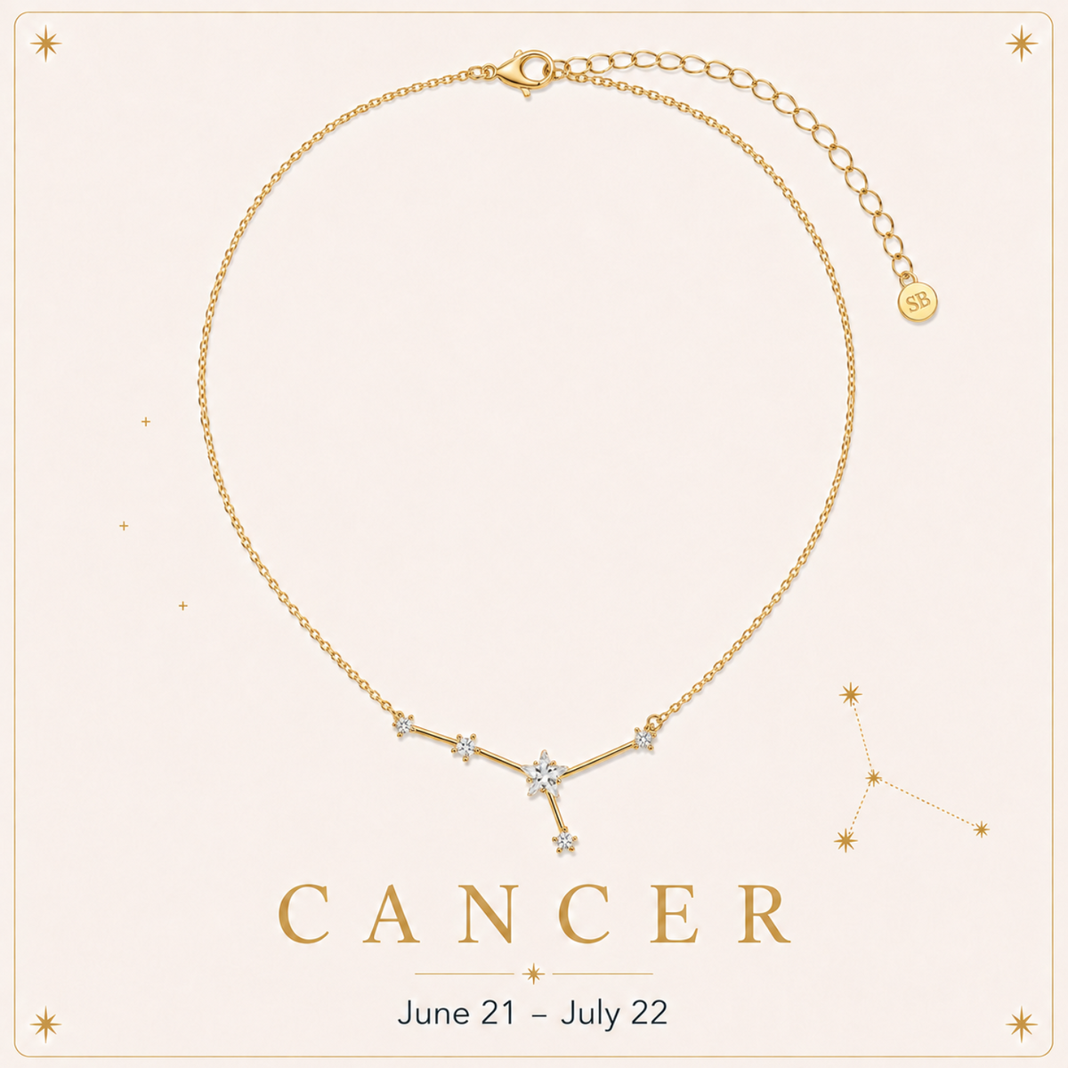 A gold necklace with a Cancer zodiac constellation pendant, displayed on a light cream background with decorative gold stars and the text 'CANCER' and 'June 21 - July 22'.