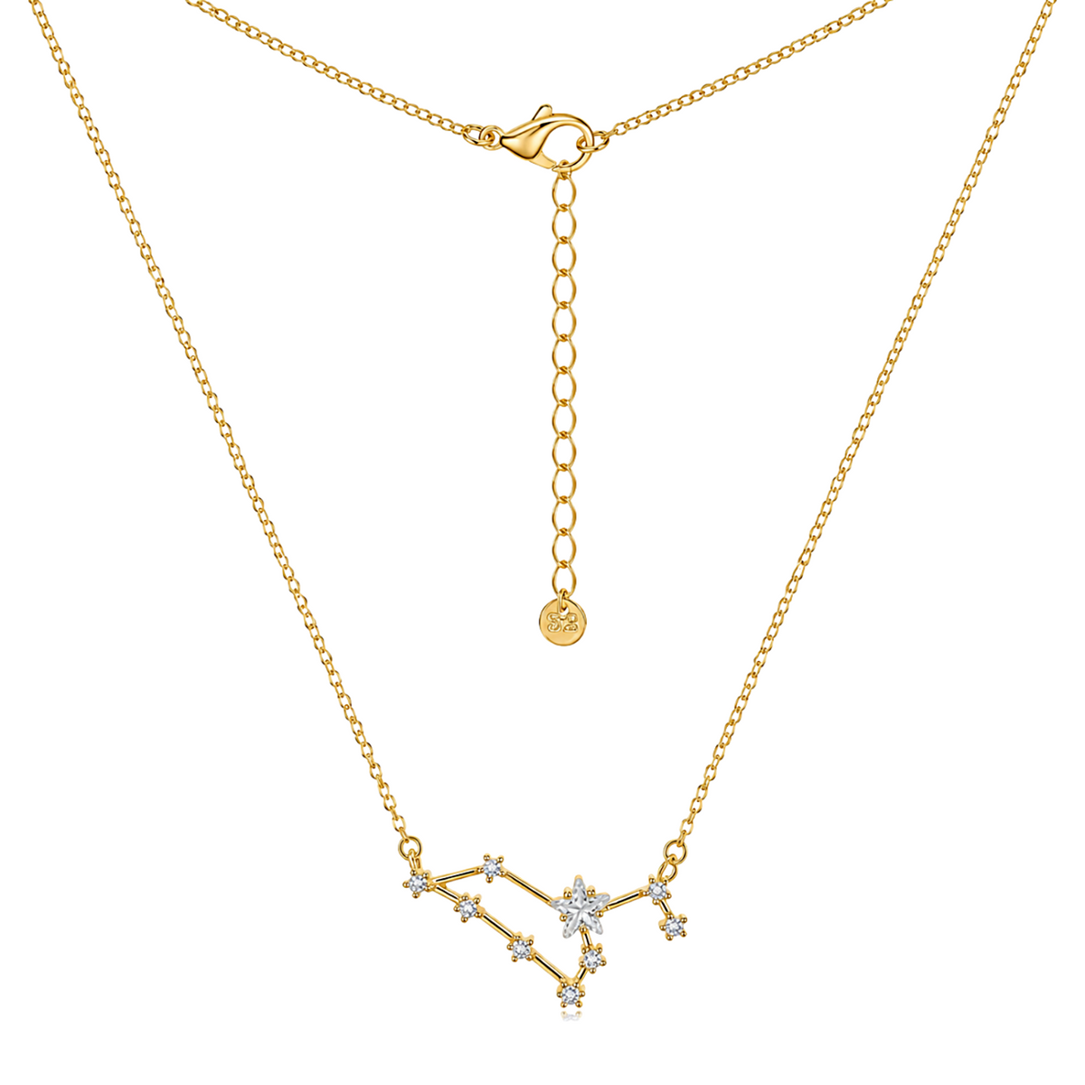 Gold necklace with a constellation pendant featuring clear gemstones, shown on a white background with a close-up of the clasp and extender chain.