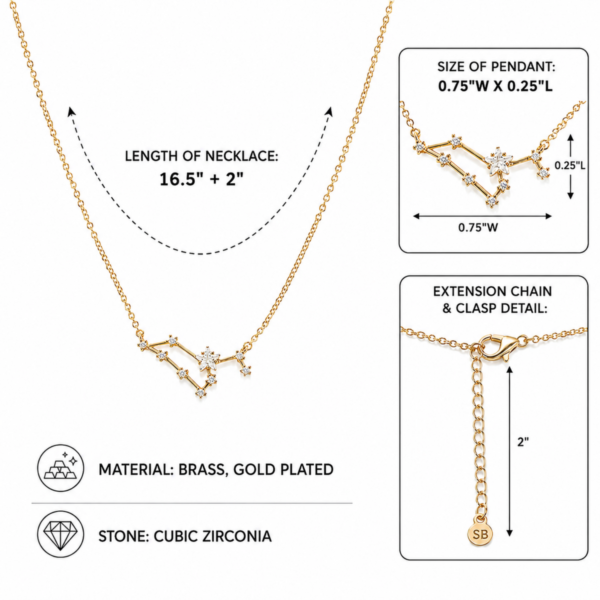 Gold-plated brass necklace with a constellation pendant and cubic zirconia stones, shown with measurement callouts for necklace length, pendant size, and extension chain detail.
