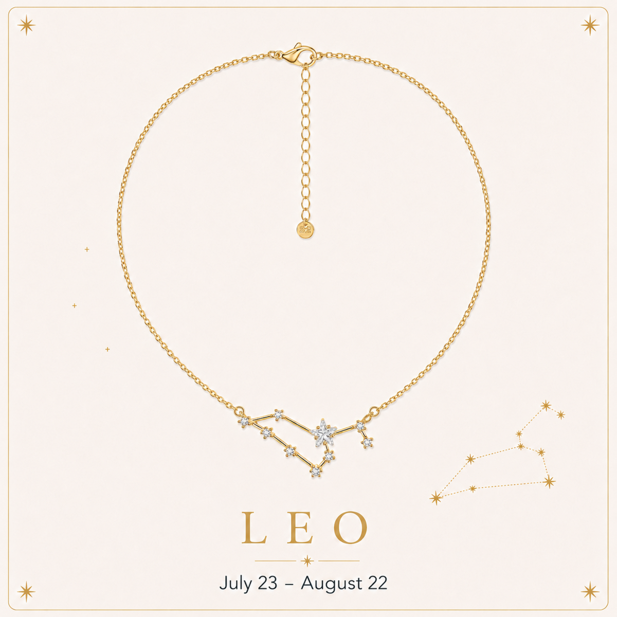 A gold chain necklace with a Leo constellation pendant, displayed on a light cream background with decorative gold stars and the text 'LEO July 23 - August 22'.