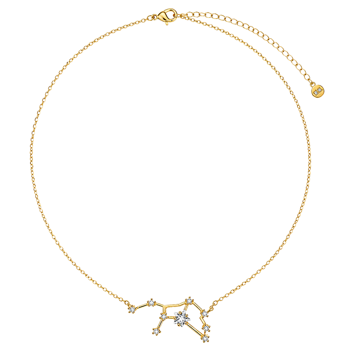A delicate gold chain necklace with a constellation pendant featuring small clear gemstones, displayed on a clean white background.