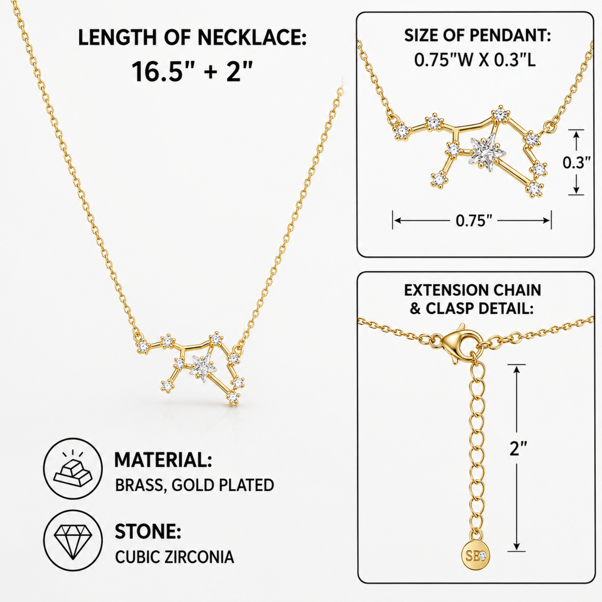 Gold-plated brass necklace with a constellation pendant and cubic zirconia stones, shown with measurement callouts for length, pendant size, and extension chain on a white background.
