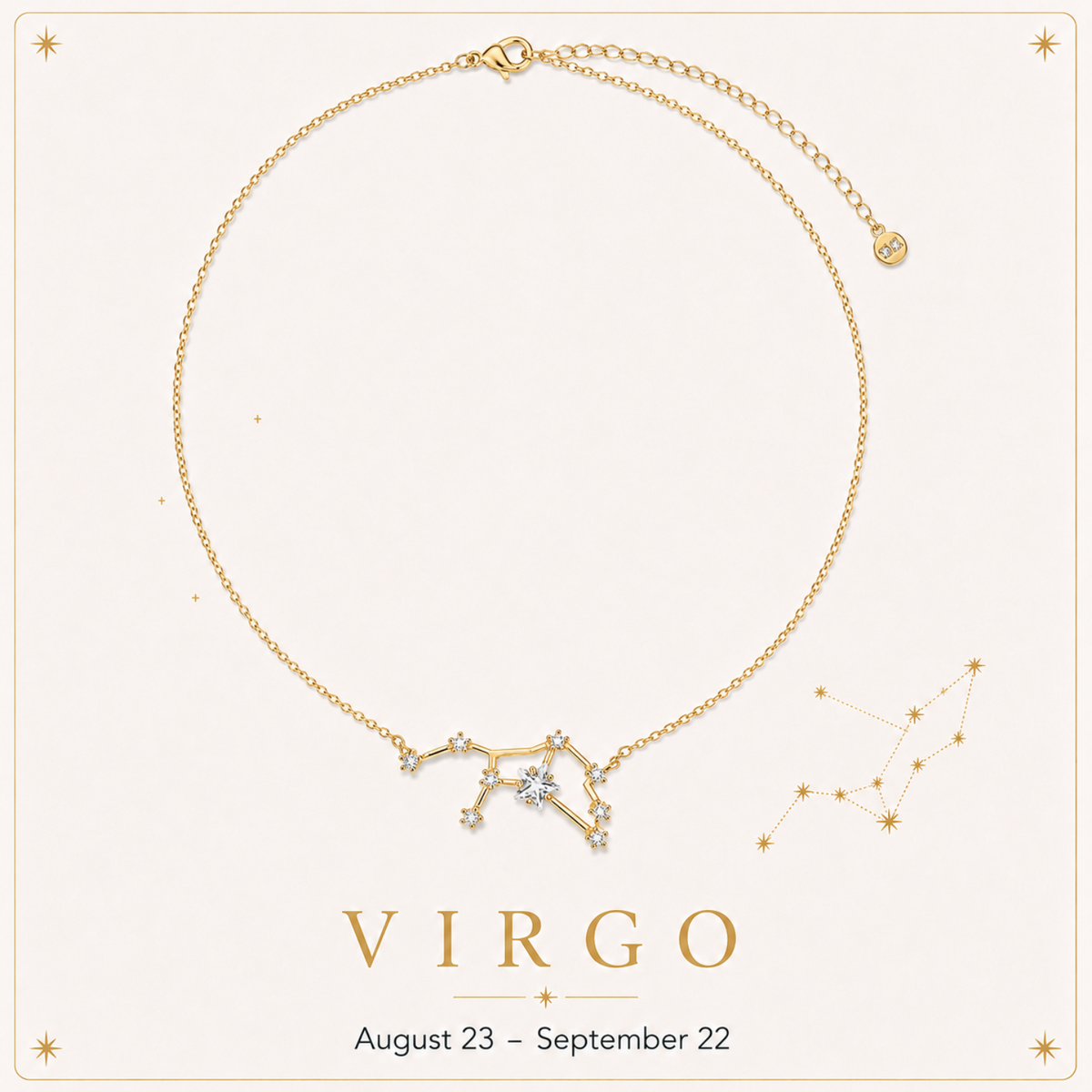 A gold Virgo necklace with a constellation pendant, displayed on a cream background with decorative stars and the text 'VIRGO August 23 - September 22'.