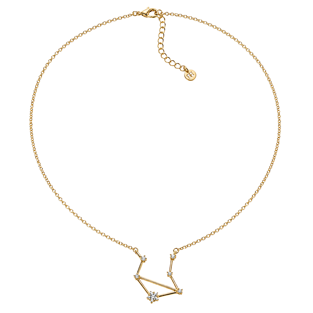 A delicate gold chain necklace with a small geometric pendant featuring a clear crystal, displayed on a clean white background.