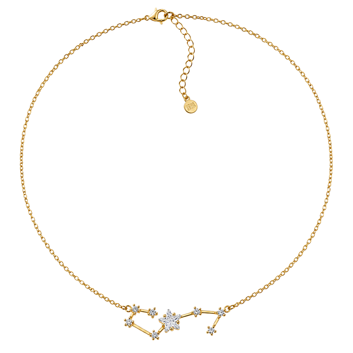 A gold chain necklace with a constellation pendant featuring clear gemstones, displayed on a clean white background.