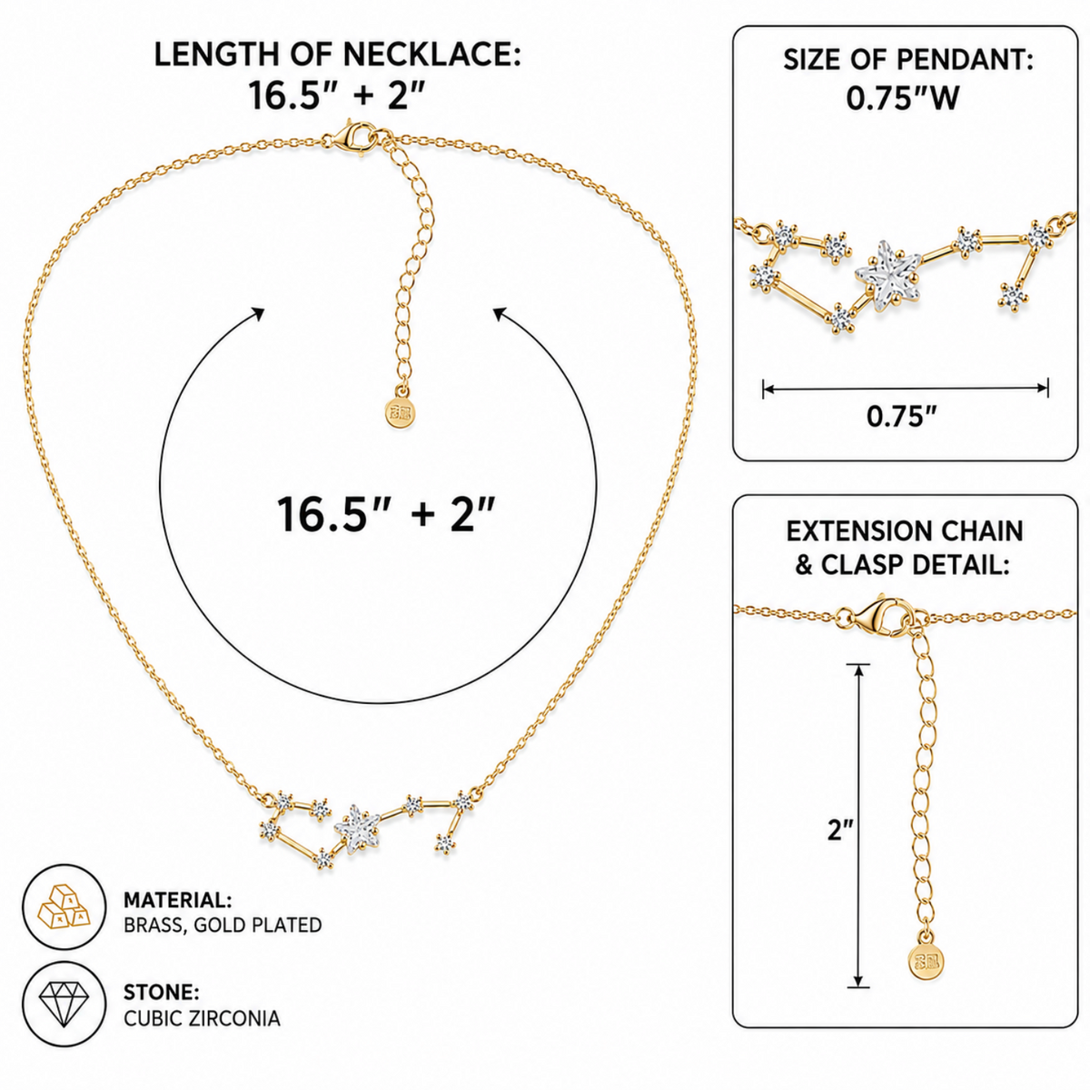 Gold-plated brass necklace with a constellation pendant made of clear cubic zirconia stones, shown with measurement callouts for length (16.5 inches plus 2-inch extender), pendant size 0.75-inches