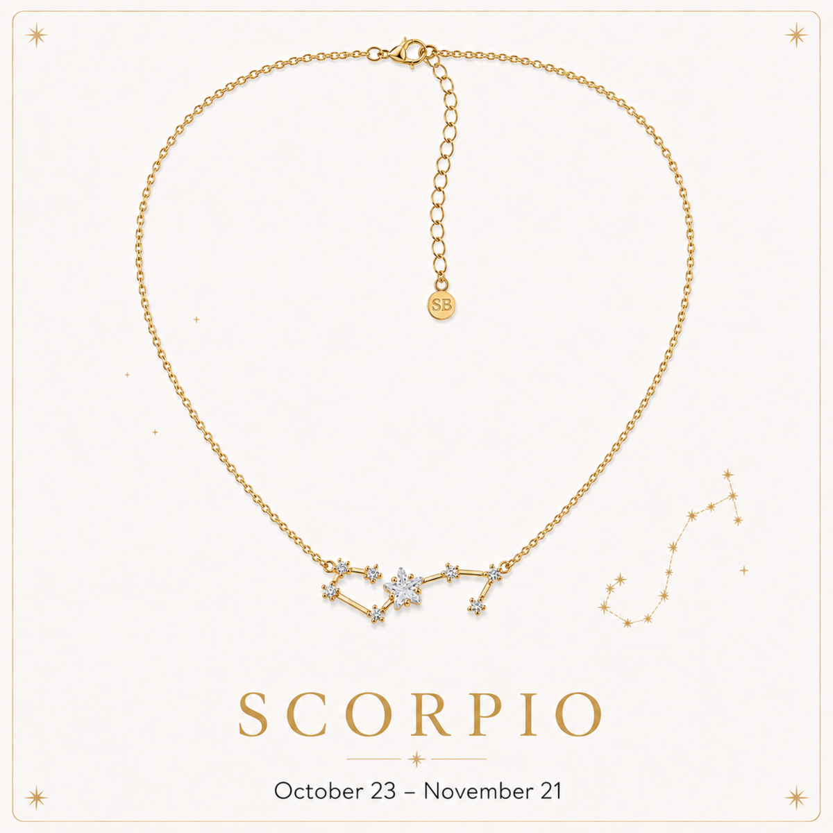 A gold chain necklace with a Scorpio constellation pendant, featuring a central clear gemstone, displayed on a cream background with 'SCORPIO' and date text below.