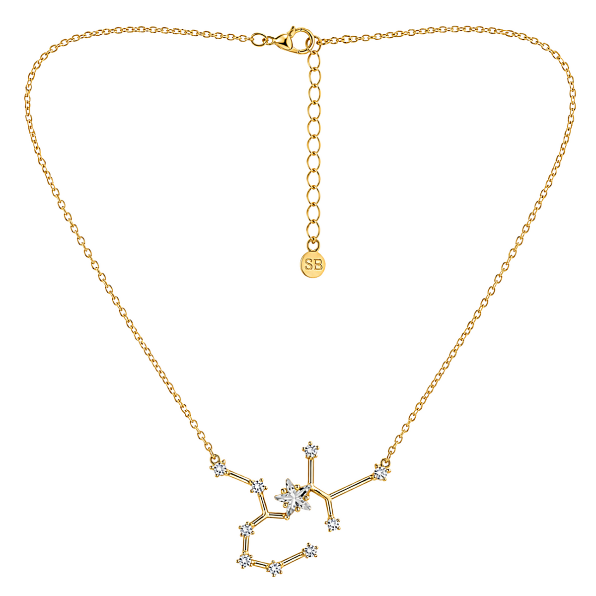 A gold chain necklace with a constellation pendant, featuring small clear gemstones set into the design. The necklace is displayed on a clean white background, with its clasp and extender chain visible.