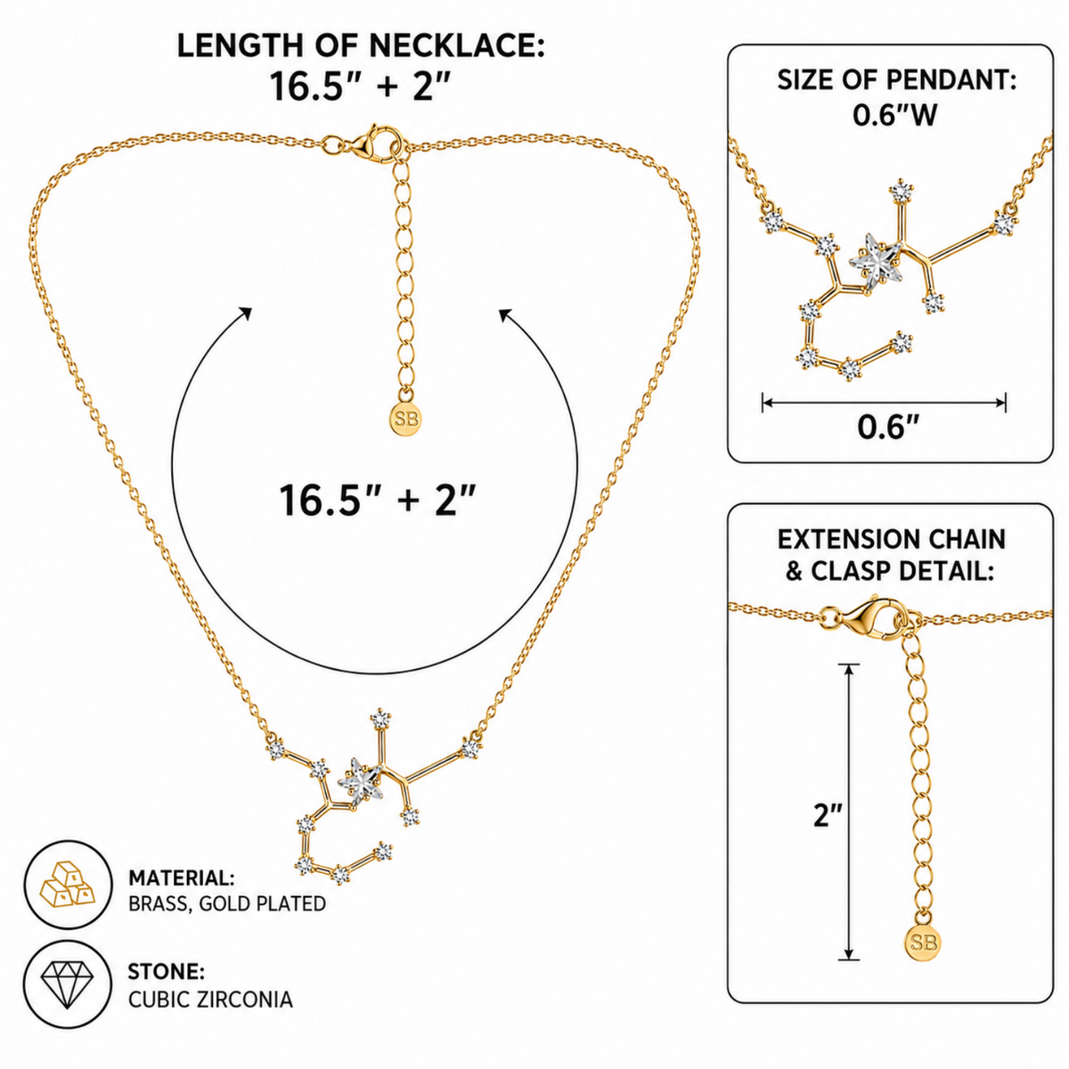 Gold-plated necklace with a cubic zirconia star cluster pendant, shown with measurement callouts for length (16.5" + 2"), pendant size (0.