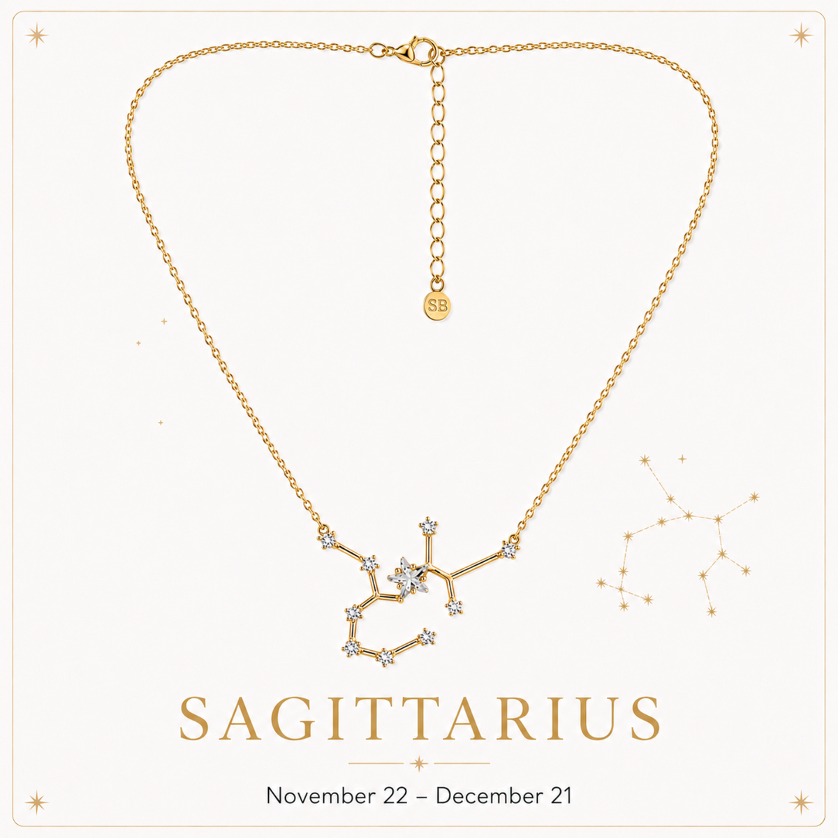 A gold chain necklace with a Sagittarius constellation pendant, displayed on a light cream background with decorative stars and the text 'SAGITTARIUS' and 'November 22 - December 21'.