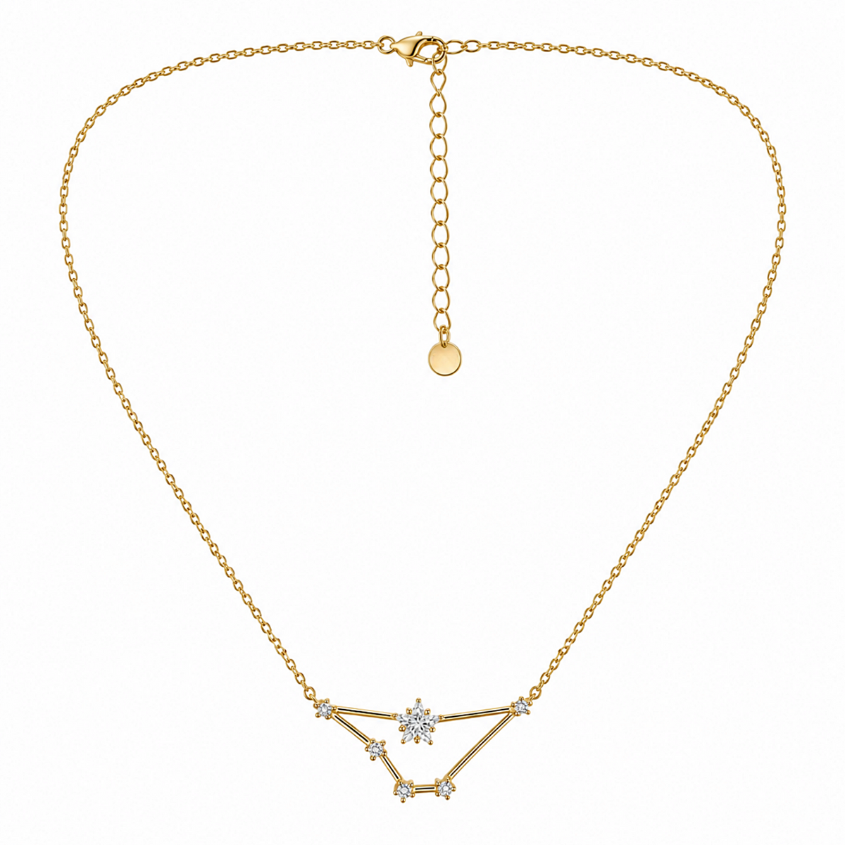 A gold chain necklace with a geometric pendant featuring a central clear gemstone and small clear stones, displayed on a clean white background.