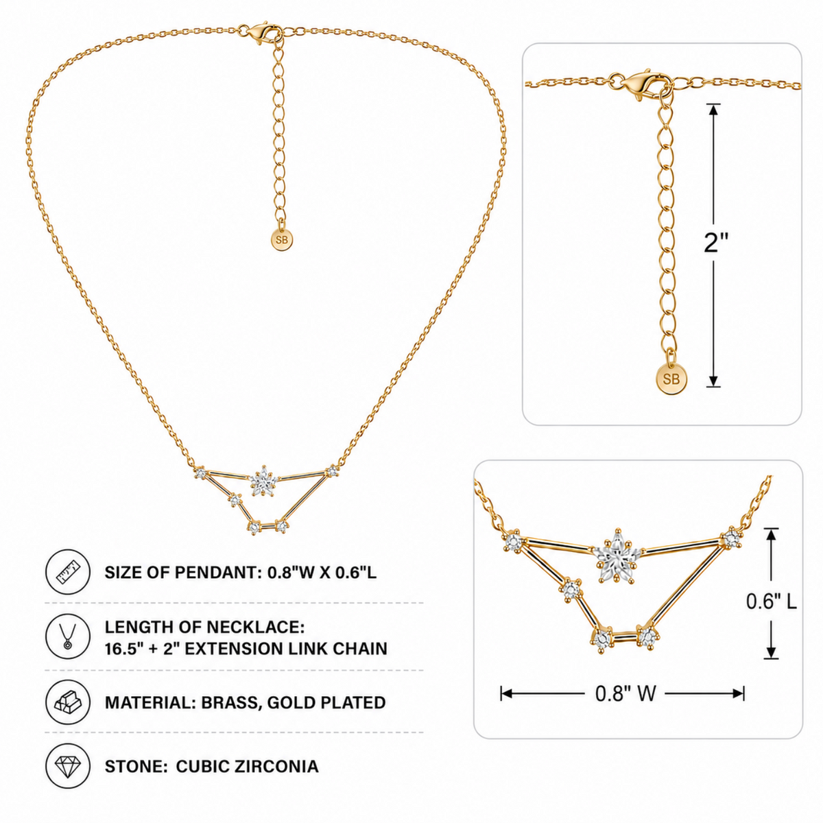 Gold-plated geometric pendant necklace with cubic zirconia stones, shown on a white background with detail callouts, dimensions, and material information.