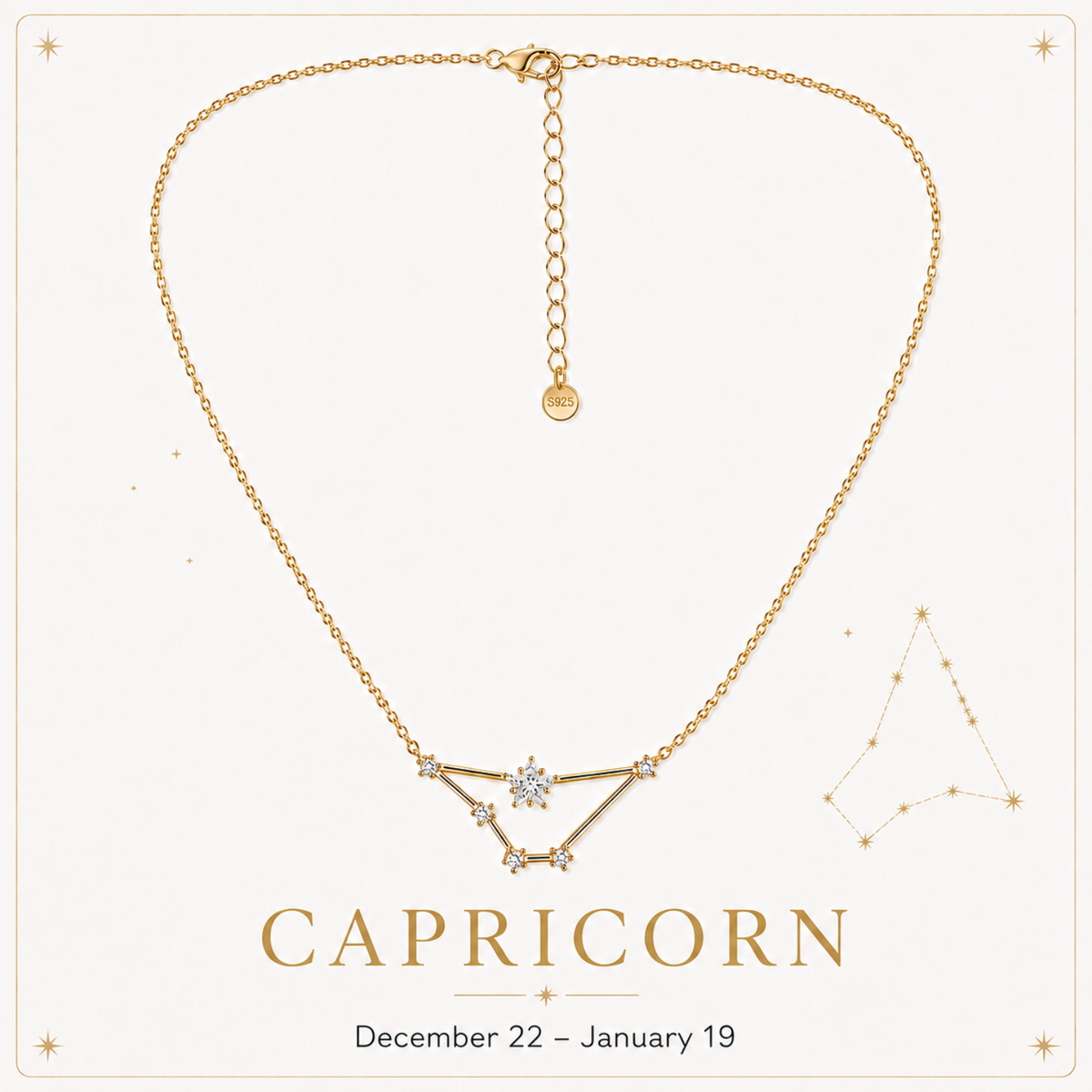 A gold-toned Capricorn necklace with a constellation pendant featuring a central clear gemstone, displayed on a light cream background with decorative stars and the text 'CAPRICORN' and 'December 22 - January 19'.