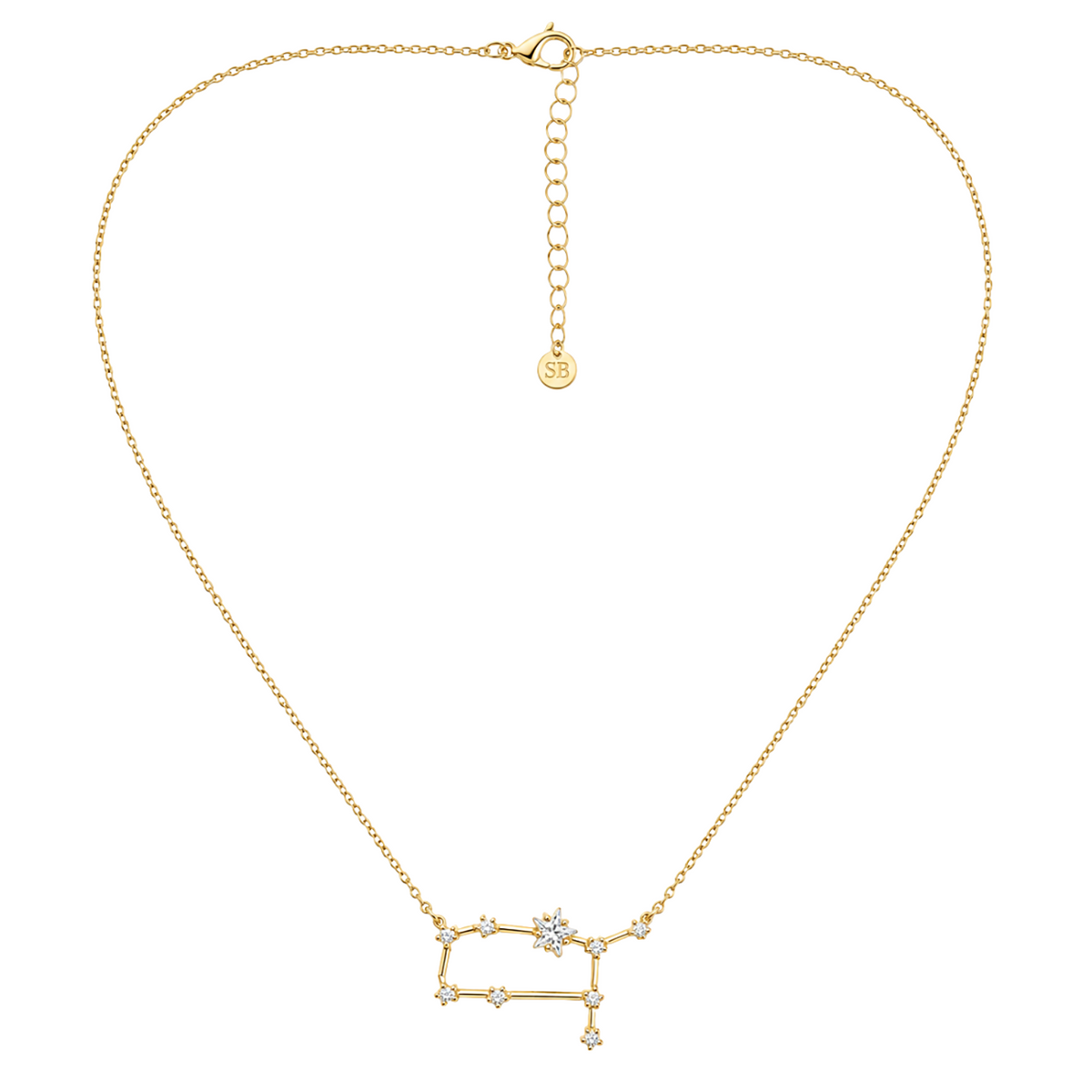 A gold chain necklace with a pendant featuring a constellation design accented with small clear gemstones, displayed on a clean white background.