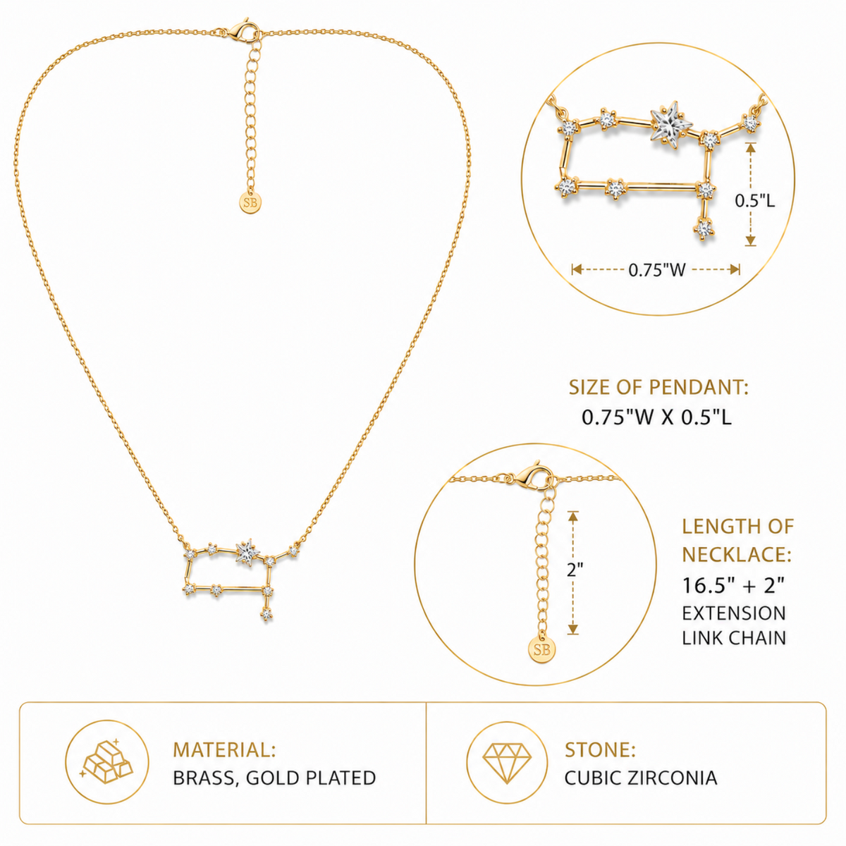 Gold-plated brass necklace with a Gemini constellation pendant, shown on a white background with dimension callouts for size, necklace length, and material information.