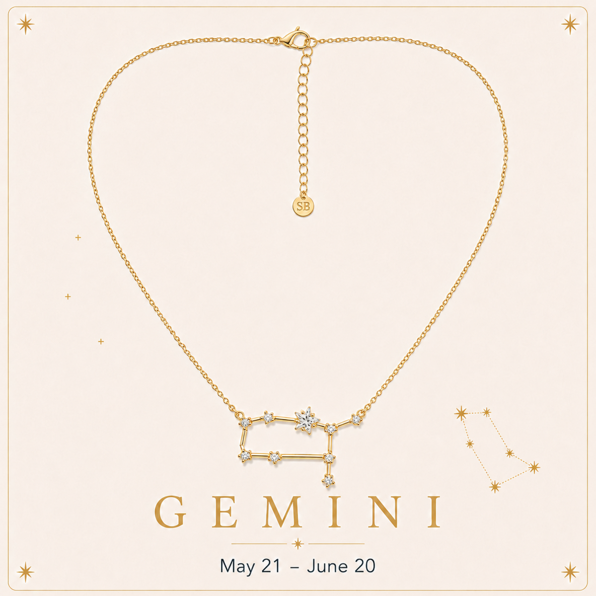 A gold Gemini zodiac necklace with a constellation pendant, displayed on a light cream background with decorative gold stars and the text 'GEMINI May 21 - June 20'.