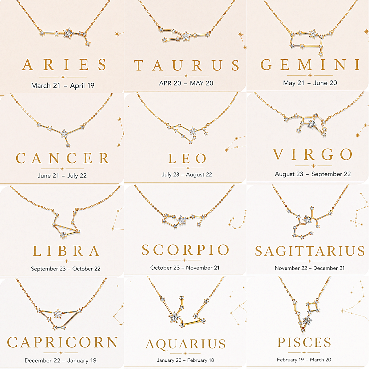 A 3x3 grid showing nine gold-tone constellational necklaces, each labeled with an astrological sign and date range on a light beige background.