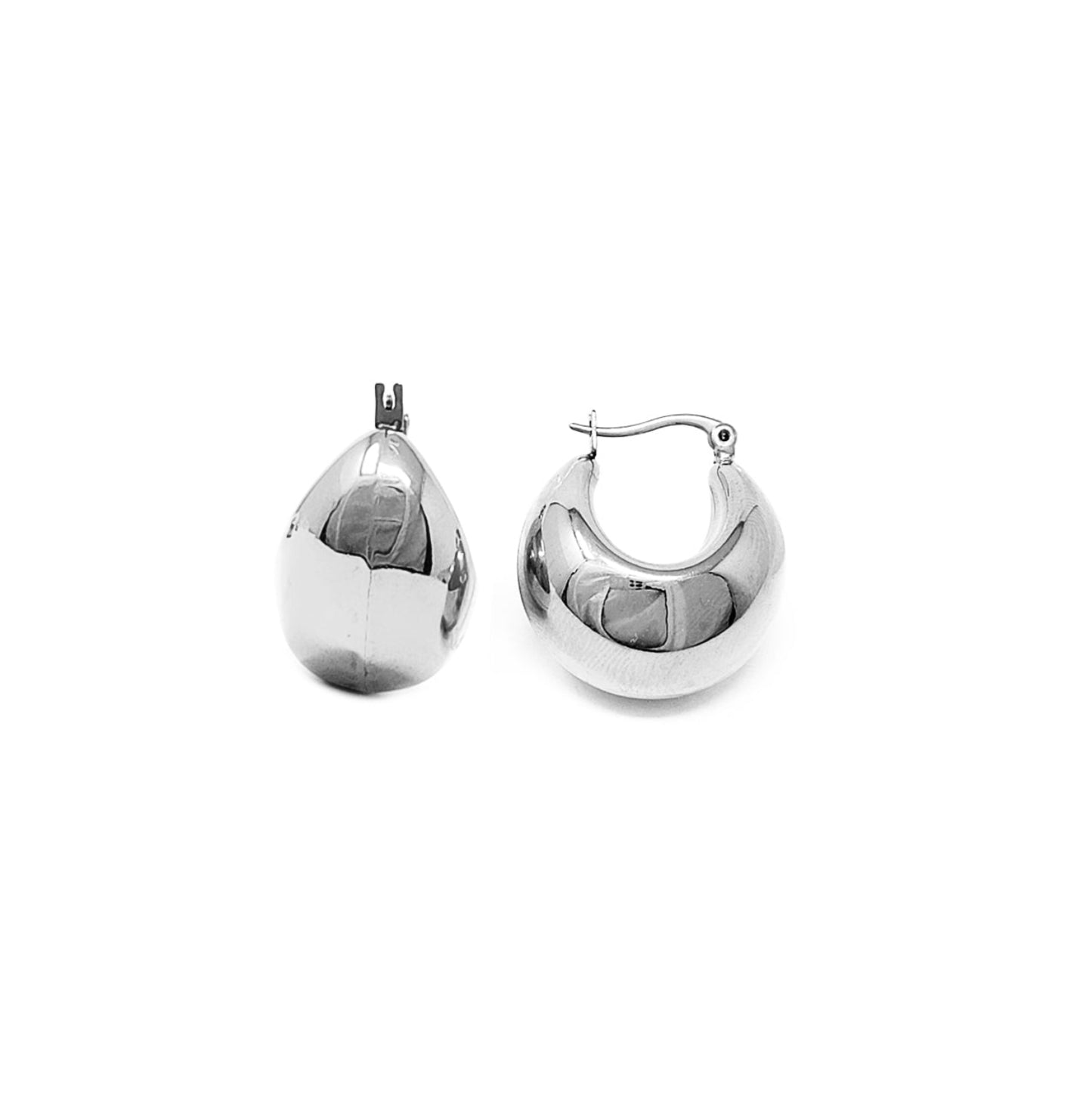 Pair of silver hoop earrings on a white background