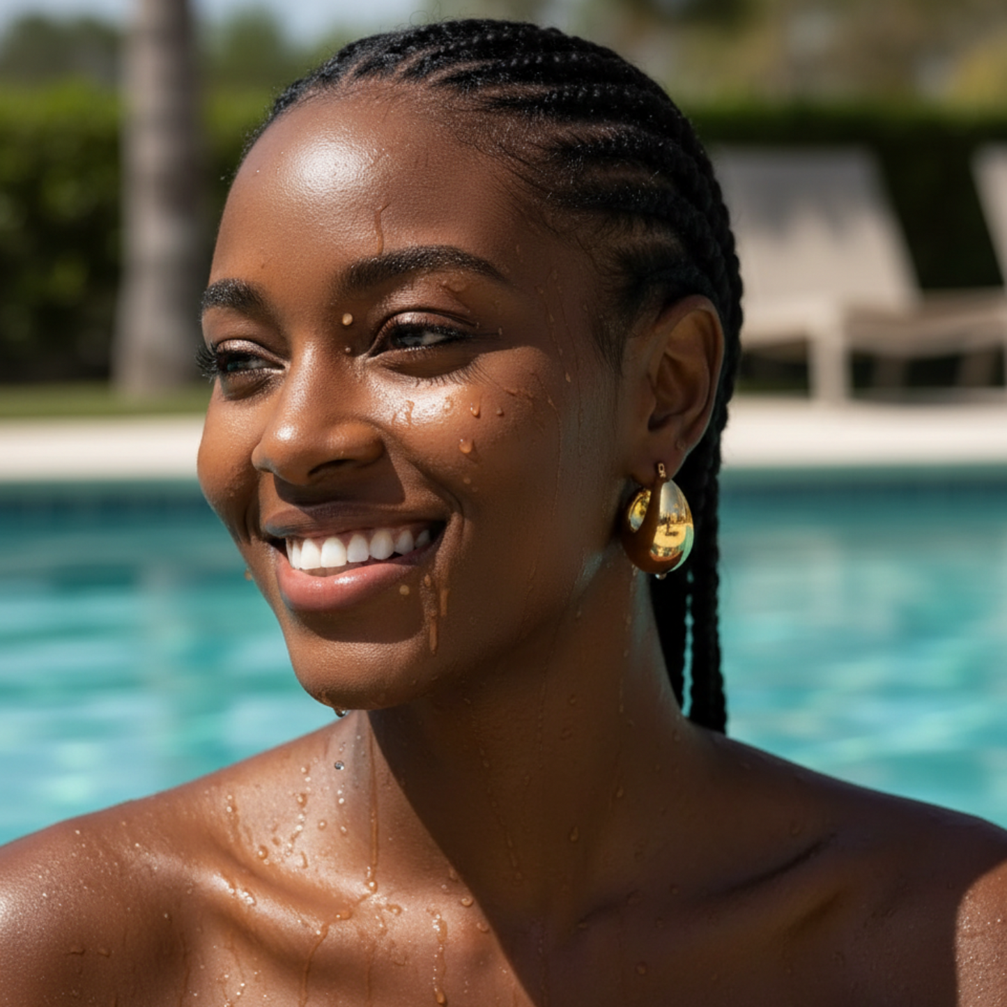 Women wearing gold hoop earring in the pool