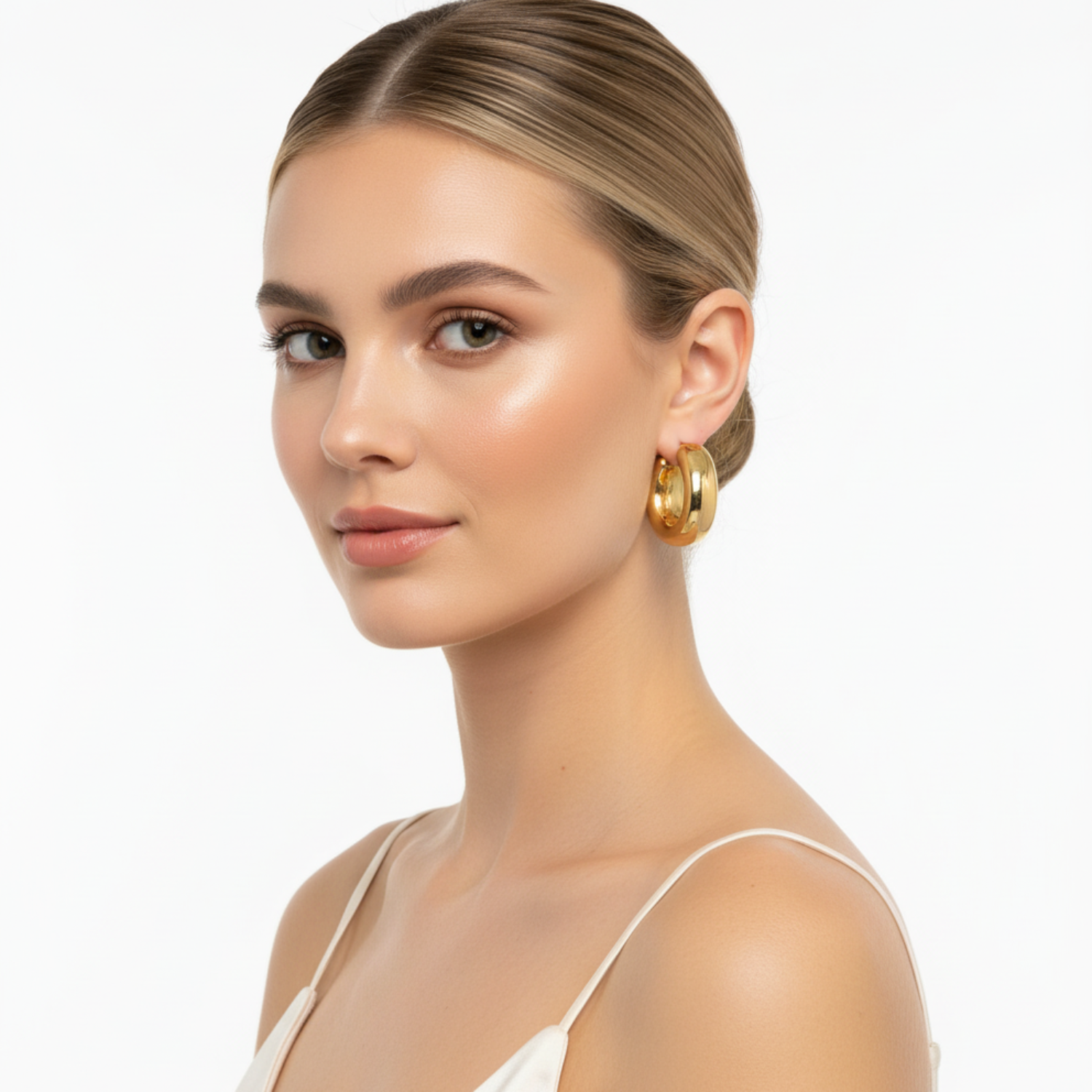 Woman wearing gold hoop earrings on a white background